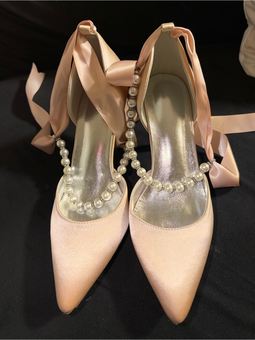 Pearl-Embellished Pink Satin Heels with Ankle Tie